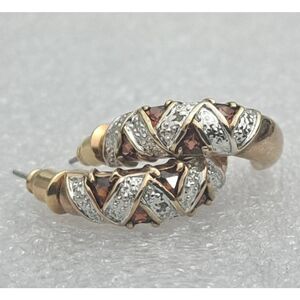 Pretty Vintage Genuine Garnet & Diamond Accent Half Huggie "J" Hoop Earrings